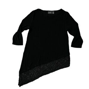 Travelers Chico’s Womens Black Slinky 3/4 Sleeve Blouse Assymetrical Hem Size M